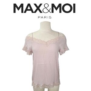 Max & Moi Paris Pink Silk & Lace Open Shoulder Short Sleeve Top 38 US/M NWT